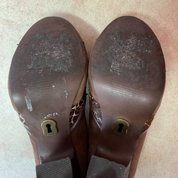Fossil Giraffe Print Suede Faux Fur T-Strap Heels - Picture 15 of 16